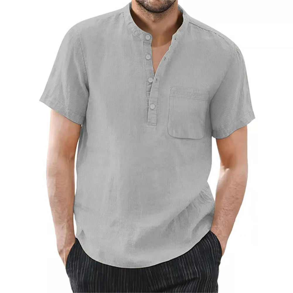Men’s Casual Short Sleeve Cotton-Linen T-Shirt – Solid Color, Breathable and Comfortable Summer Shirt
