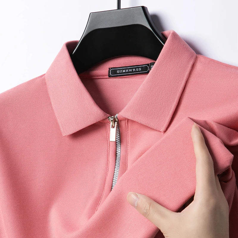2025 Summer Men’s Slim Fit Polo Shirt with Flip Collar and Breathable Half-Zip Short Sleeves – Solid Color Comfortable Casual Tee