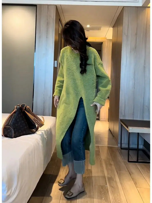 Chic Lazy Style Women’s Pullover Dress with Side Slits – Irregular Hem Slim Fit Knee-Length Knit Sweater Skirt