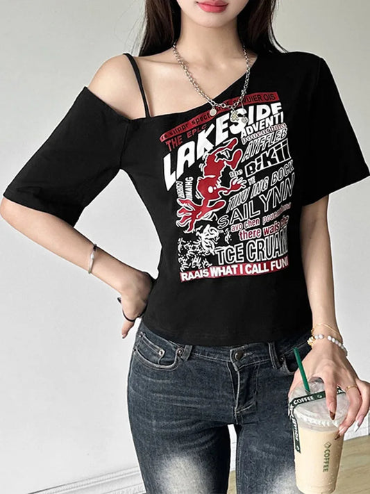 Y2K Off-Shoulder Gothic Crop Tee – Women’s Punk-Inspired Letter Print T-Shirt, Harajuku Aesthetic Grunge Streetwear, Slim Fit Summer Top