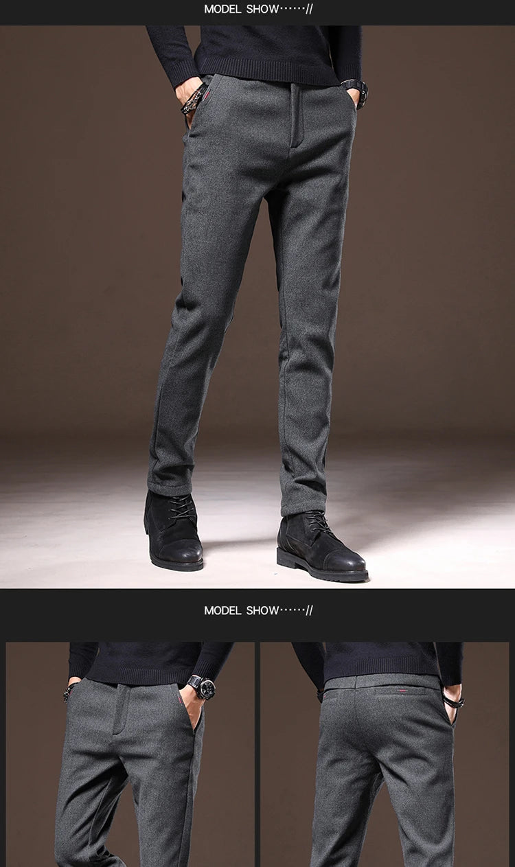 Men's Winter Fleece-Lined Slim Fit Pants – Thick Warm Straight-Leg Casual Business Trousers (Sizes 28-38)
