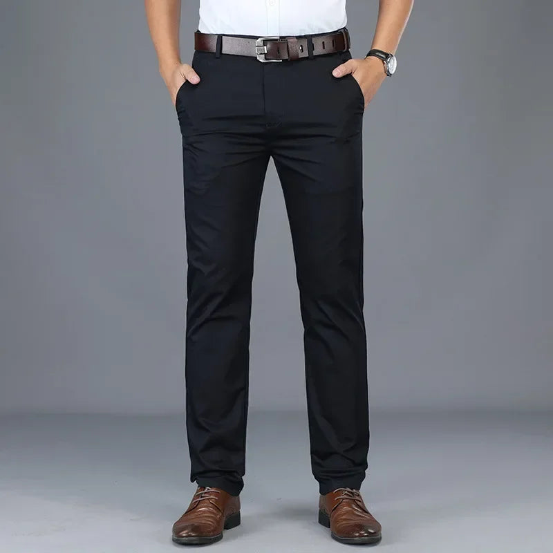 Men's Lightweight Summer Slim-Fit Suit Trousers – Business Casual Cotton Pants in Green, Black, and Khaki (Sizes 30–40)
