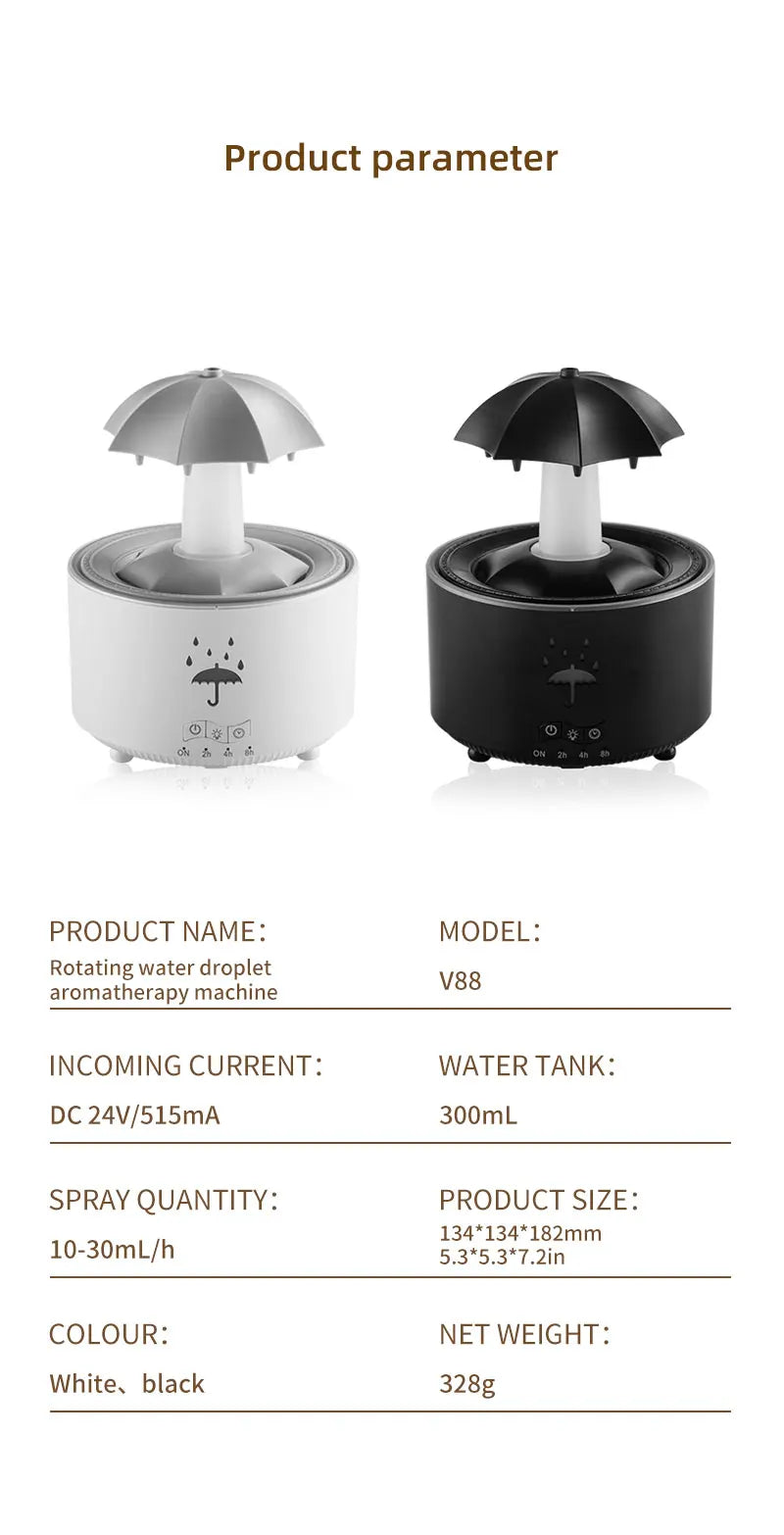 Cloud Rain Aroma Diffuser with Humidifier, Raindrop Design, Remote-Controlled Night Light, Desktop Water Fountain with Soothing Water Drop Sounds for Home Use