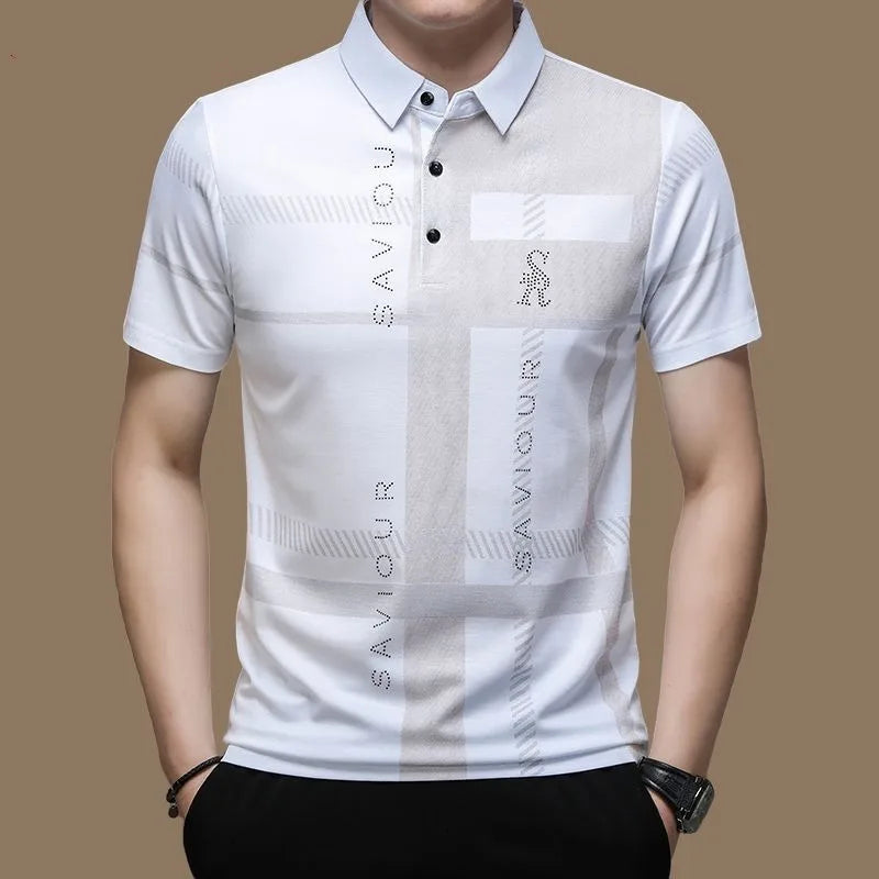 Men’s Short Sleeve Polo Shirt – Casual Micro-Elastic Breathable Button-Up Top for Daily Wear and Fashion