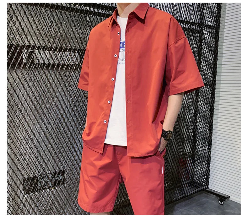 2025 Trendy Korean-Style Men's Summer Outfit – Casual Two-Piece Set Featuring Short Sleeve Shirt & Matching Shorts, Stylish High Street Look for Daily & Streetwear Fashion