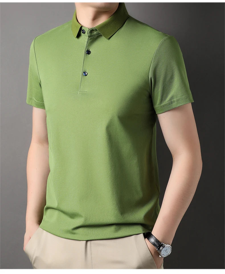 Premium Men's Polo Shirt – Luxury Summer Short Sleeve Casual Top Made with 4.7% Mulberry Silk – Plain Design, Elegant and Stylish 