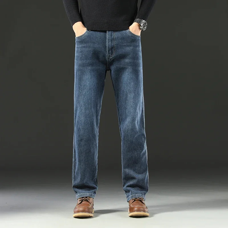 2025 Spring Men's High-Waist Spliced Washed Denim Jeans – Loose Straight Fit Stretch Cotton Blend Casual Brand Trousers 
