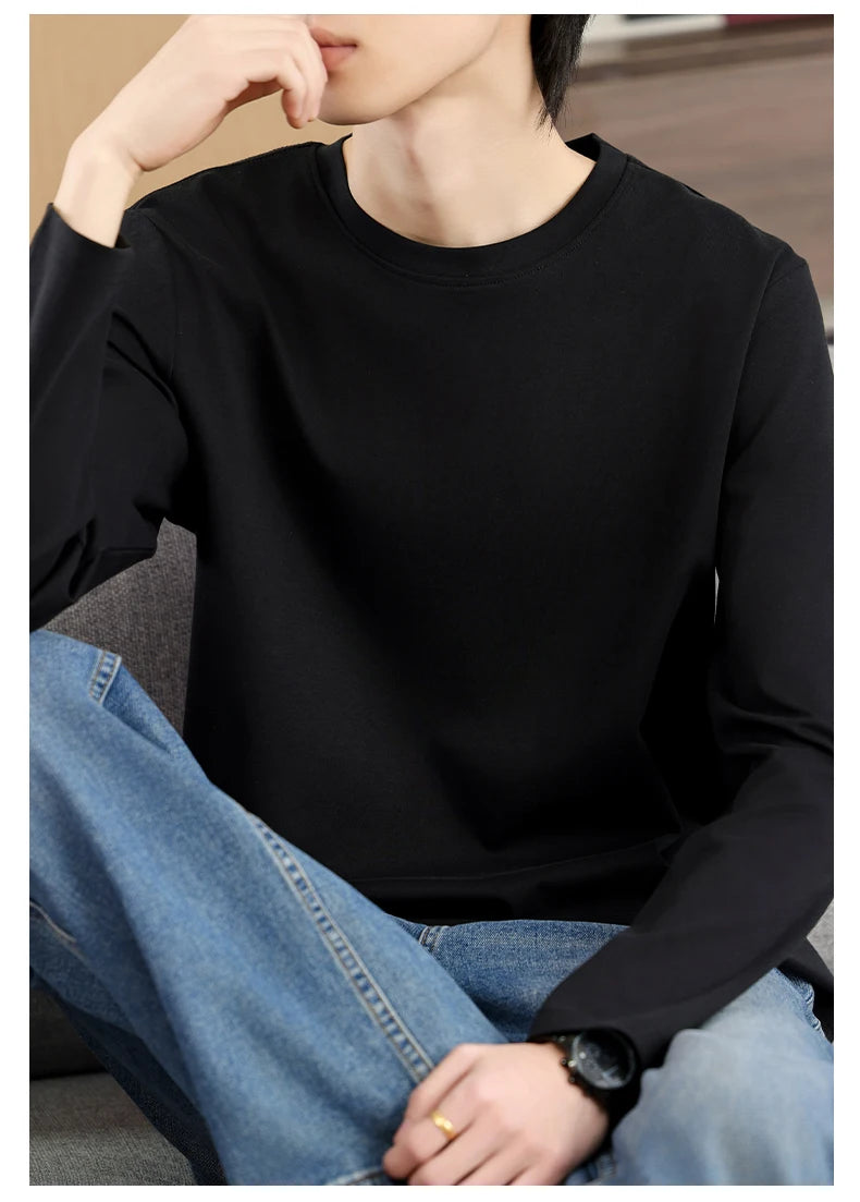 Men's Summer Long Sleeve T-shirt – Solid Color, Round Neck, Casual Style, Made from Mercerized Cotton