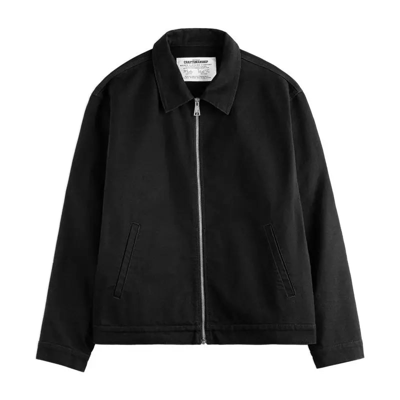 Men’s Heavyweight Vintage “IKE” Zip-Up Jacket – Black Cotton Coat with Collar, Casual Outdoor / Mountain Style for Spring & Fall