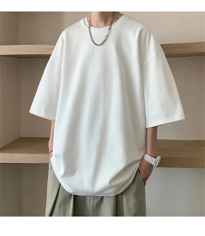 Men’s Oversized White Cotton T-Shirt – Solid Color Summer Casual Fashion Tee, Size up to 5XL