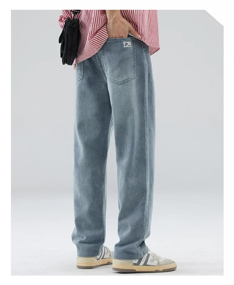 Vintage Men’s Baggy Jeans – Korean Style Starry Sky Fabric, Straight Fit Casual Denim Trousers, High Street Personalized Pants