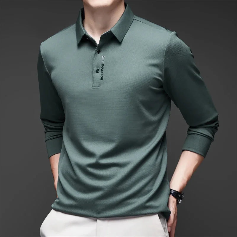Men's Long Sleeve Polo Shirt – Solid Color, Business Casual, Stylish & Breathable Shirt with Badge Design