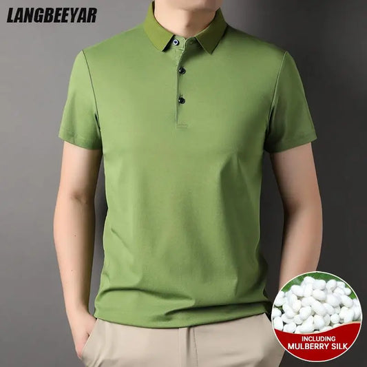 Premium Men's Polo Shirt – Luxury Summer Short Sleeve Casual Top Made with 4.7% Mulberry Silk – Plain Design, Elegant and Stylish 