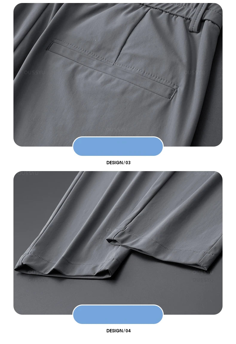 Men's Summer Classic Stretch Suit Trousers – Lightweight Business Casual Pants with Elastic Waist in Black, Gray, or Blue