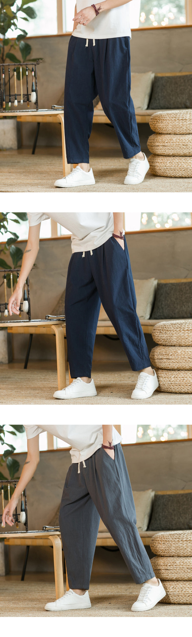 Men's Casual Cotton-Linen Pants – Breathable Loose-Fit Straight-Leg Drawstring Trousers in Solid Colors, Stylish Summer Streetwear