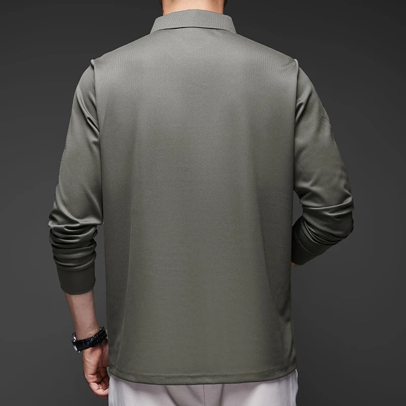 Men's Long Sleeve Polo Shirt – Solid Color, Business Casual, Stylish & Breathable Shirt with Badge Design