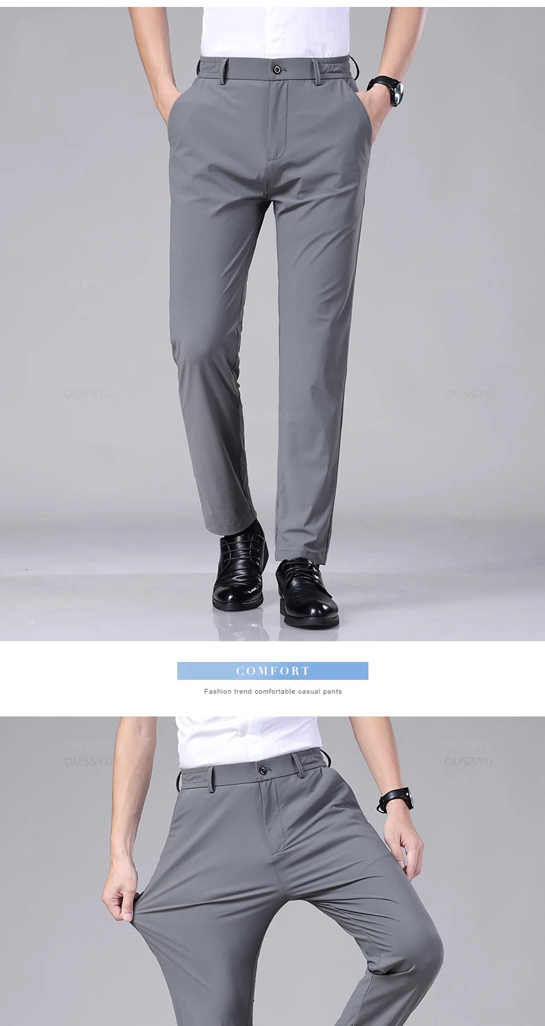Men's Summer Classic Stretch Suit Trousers – Lightweight Business Casual Pants with Elastic Waist in Black, Gray, or Blue