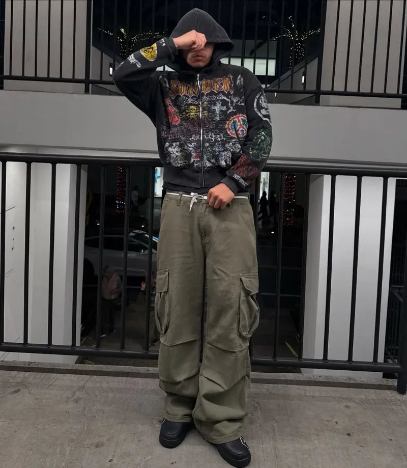 Y2K Vintage Goth Anime Zipper Hoodie – Unisex Oversized Dark Style Sweatshirt, American Streetwear