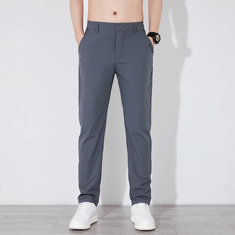 Men's Summer Silk-Feel Stretch Trousers – Lightweight Classic Business Casual Pants with Elastic Waist – Korean Style Smooth Suit Pants in Black or Gray
