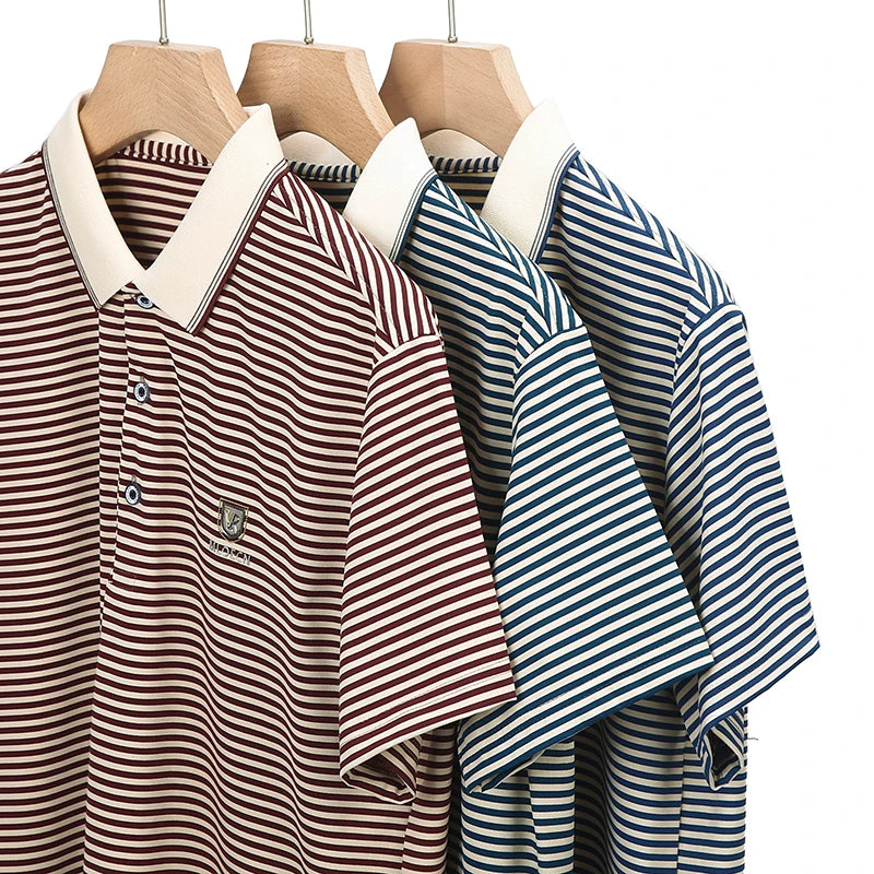 Premium Cotton Men's Summer Polo Shirt – 2024 Soft Short Sleeve Tee with Stripe Accents & Brand Badge Design