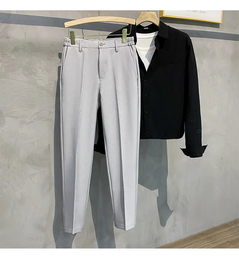 2025 Spring-Summer Men's Slim Fit Casual Business Jogger Pants with Elastic Waist, Available in Plus Sizes 40 and 42, Black