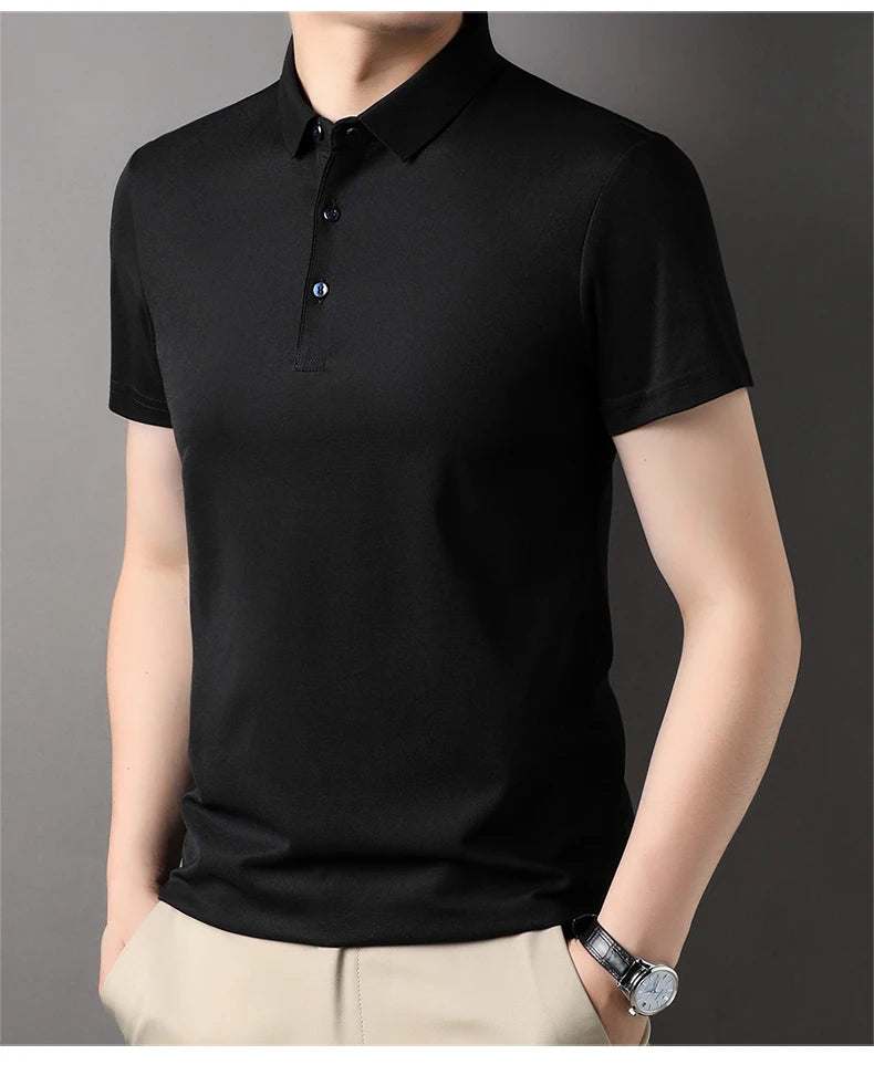 Luxury Summer Men’s Polo Shirt – Premium Plain Design with 4.7% Mulberry Silk, Short Sleeve, Lightweight Casual Fashion Top