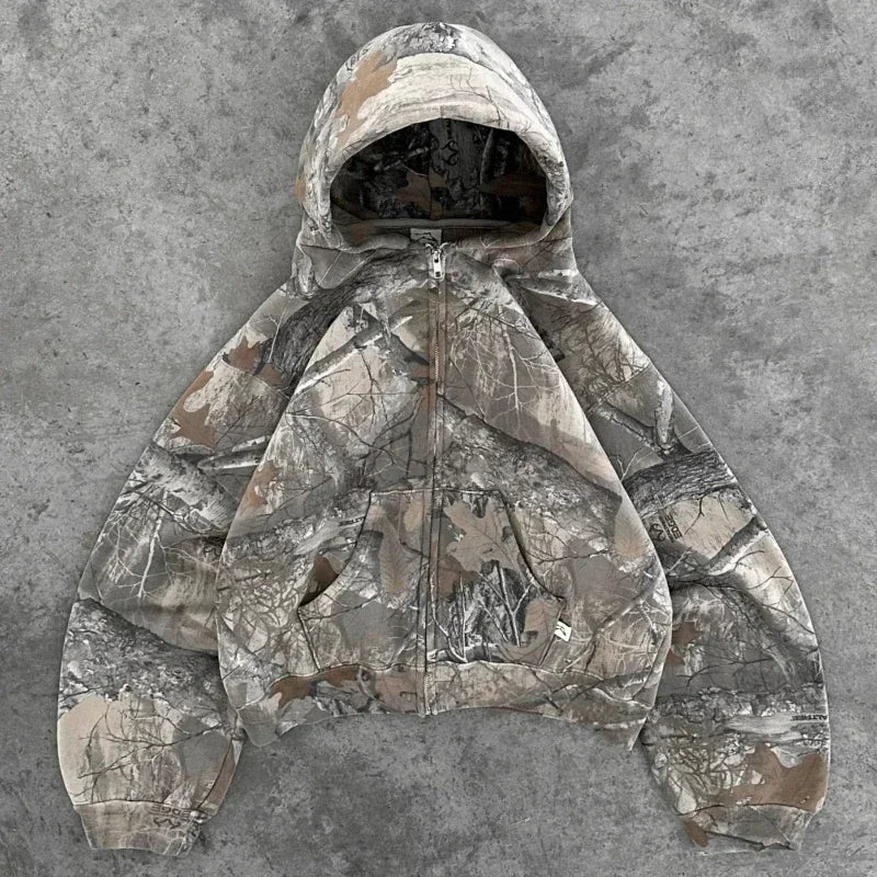 Y2K Camouflage Leaf Print Hoodie – Unisex Retro Streetwear Loose Fit Hip Hop Sweatshirt for Men & Women
