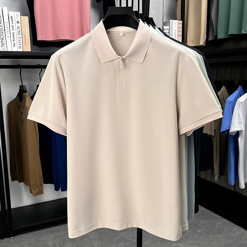 Men’s Slim Fit Half-Zip Polo Shirt – Light Beige Stretch Cotton Casual Top with Classic Collar