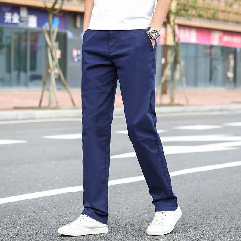 Men's Summer Lightweight Stretch Chino Pants – Loose Fit Cotton Trousers in Khaki, Blue, and Black – Plus Sizes 42 & 44
