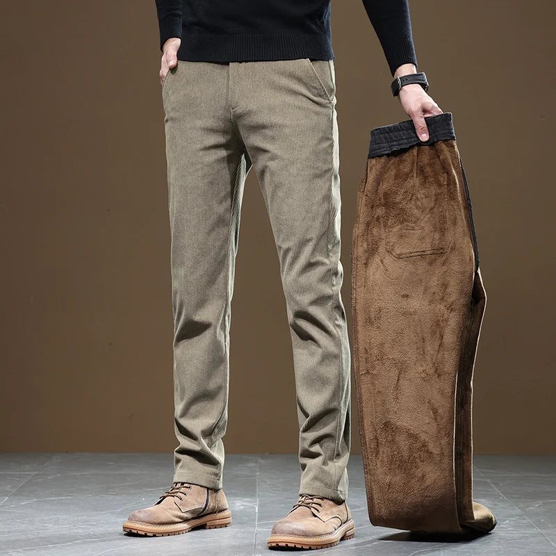 2024 New Men’s Winter Fleece-Lined Corduroy Pants – Slim Fit, Stretchy, Thickened Casual & Business Trousers in Gray & Khaki
