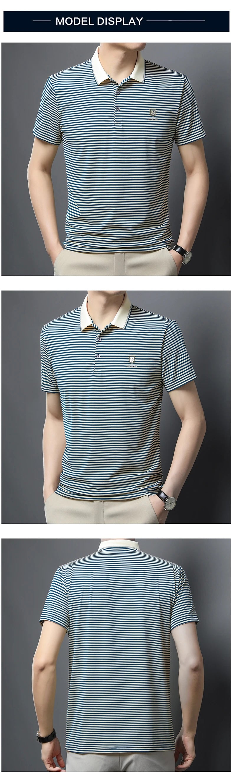 Premium Cotton Men's Summer Polo Shirt – 2024 Soft Short Sleeve Tee with Stripe Accents & Brand Badge Design