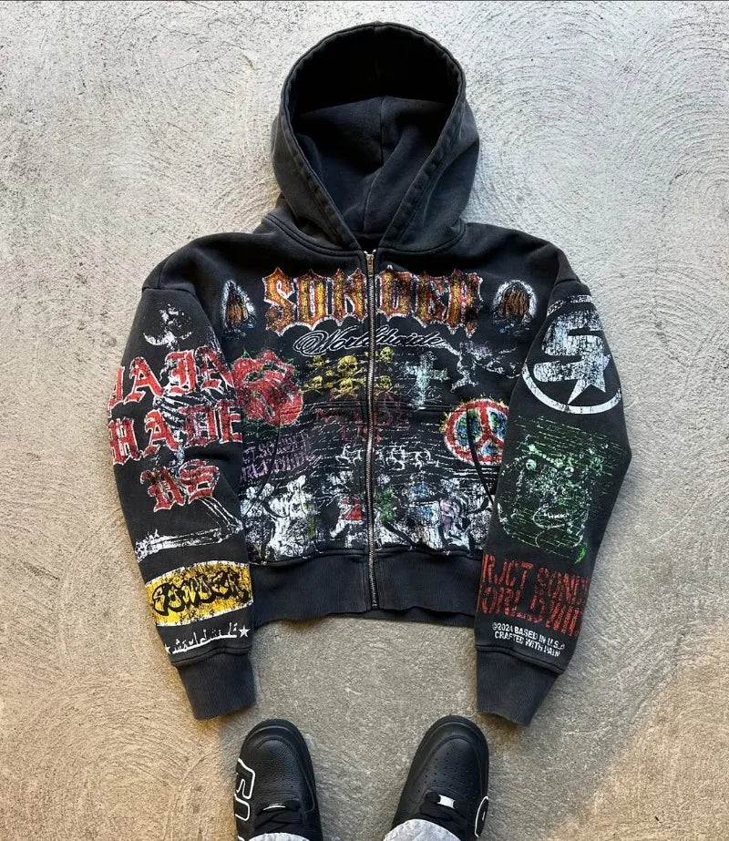 Y2K Vintage Goth Anime Zipper Hoodie – Unisex Oversized Dark Style Sweatshirt, American Streetwear