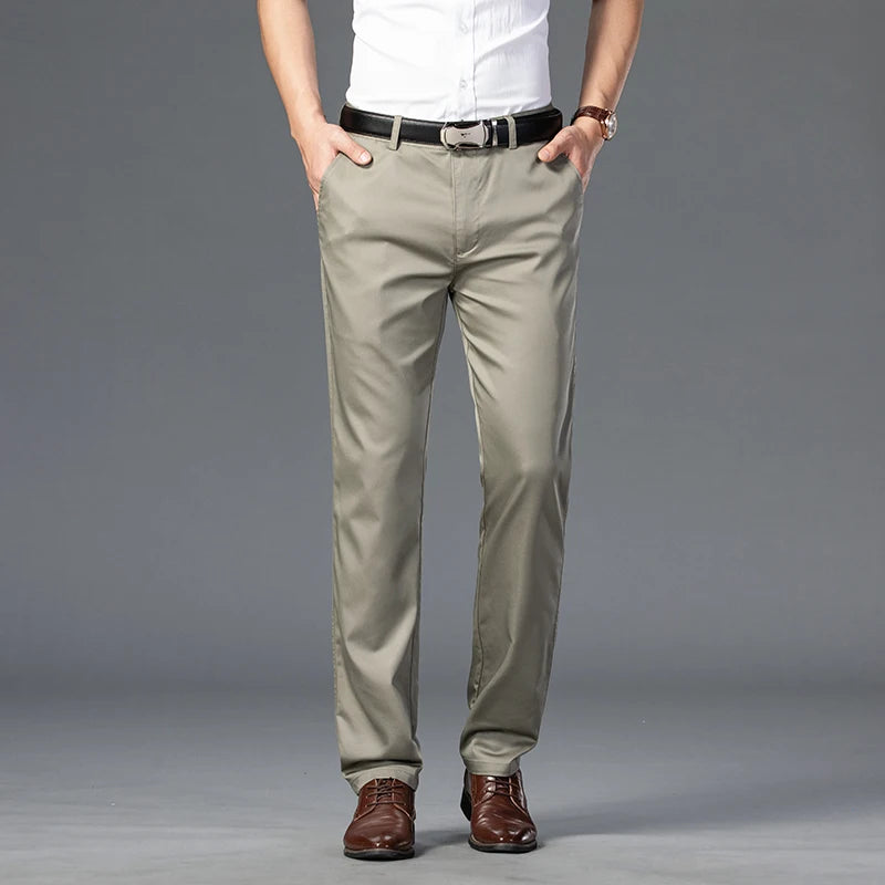 Men's Lightweight Summer Slim-Fit Suit Trousers – Business Casual Cotton Pants in Green, Black, and Khaki (Sizes 30–40)