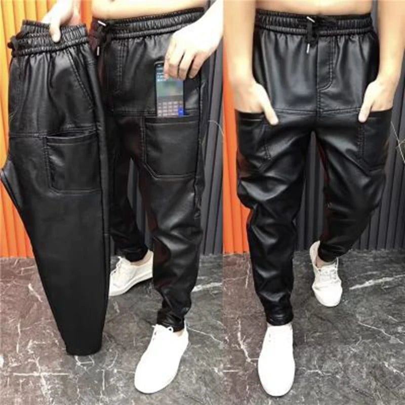 Men’s Slim Fit Faux Leather Jogger Pants with Elastic Waist & Zipper Pockets – Black Streetwear Pencil Trousers