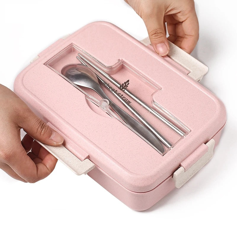 Microwaveable Bento Lunch Box with Spoon & Chopsticks – Wheat Straw Food Container for Kids, School & Office