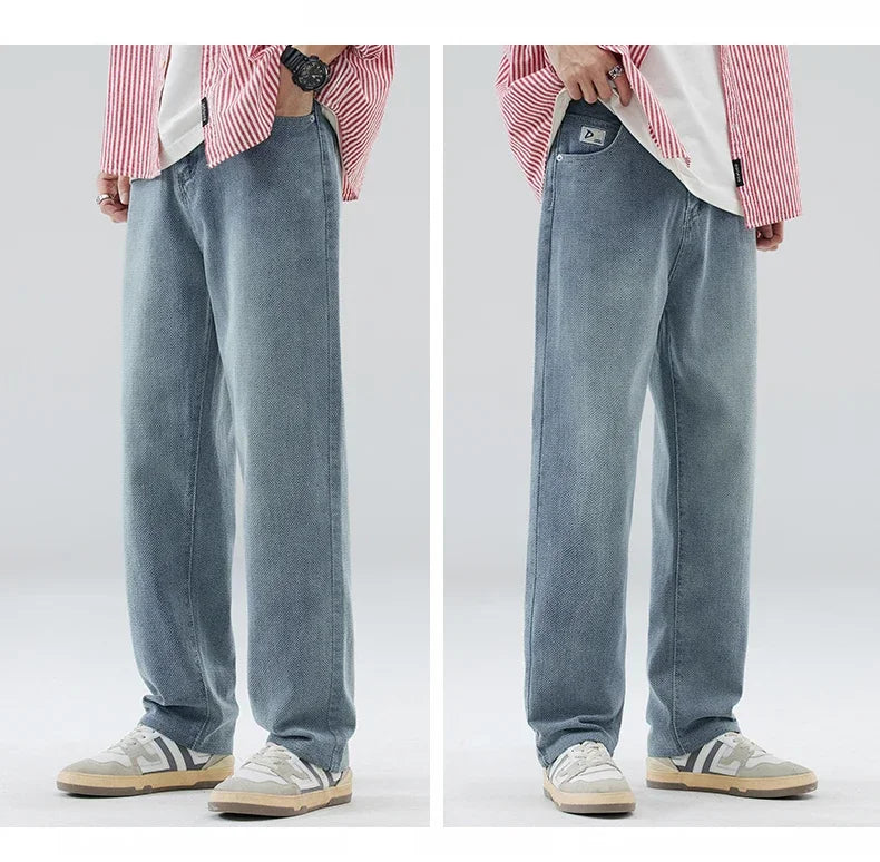 Vintage Men’s Baggy Jeans – Korean Style Starry Sky Fabric, Straight Fit Casual Denim Trousers, High Street Personalized Pants