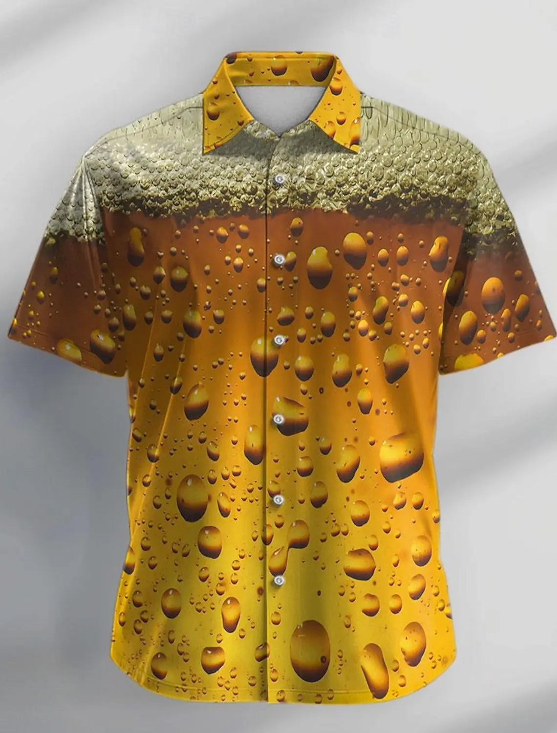 Men’s Short Sleeve Beer Print Button-Down Shirt with Lapel Collar – 3D Design for Summer Parties and Resort Holidays, Hawaiian Vibes