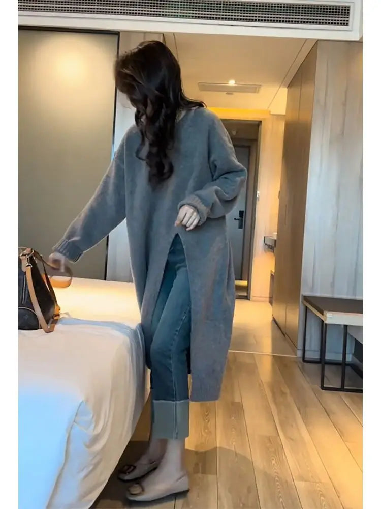 Chic Lazy Style Women’s Pullover Dress with Side Slits – Irregular Hem Slim Fit Knee-Length Knit Sweater Skirt