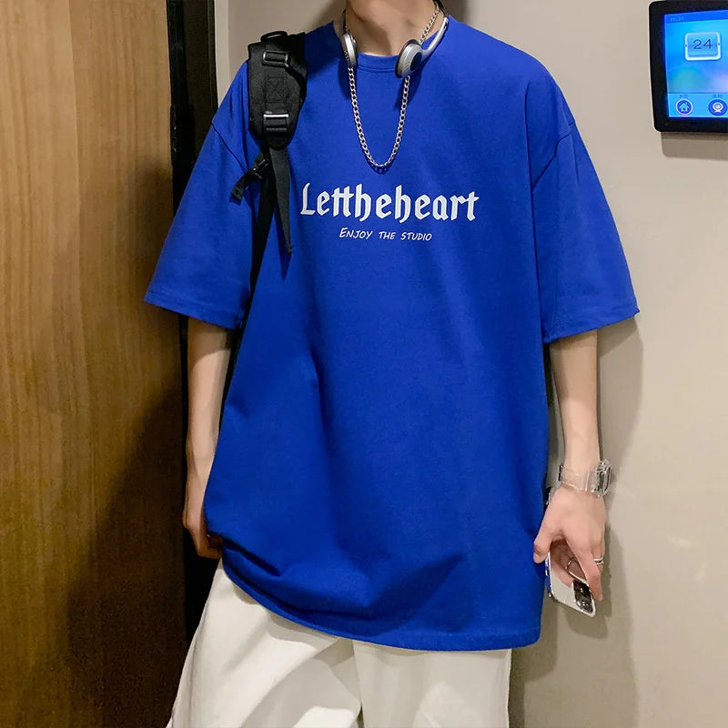 Men's Oversized Streetwear T-Shirt – Harajuku Style Graphic Tee with Gothic Letter Print – Vintage Hip Hop Punk Look for Summer – Casual Loose Fit in Blue 