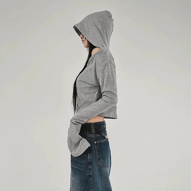 Y2K Aesthetic Women's Hooded Crop Top – Casual Streetwear Slim Fit Off-Shoulder Long Sleeve Tee with Grunge Style