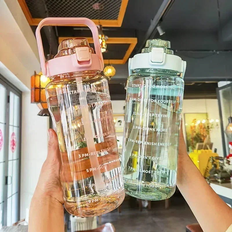 2L Large Capacity Sports Water Bottle with Straw – Time Marker Leakproof Plastic Cup for Fitness & Outdoor Use