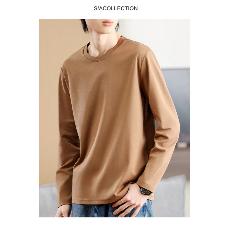Men's Summer Long Sleeve T-shirt – Solid Color, Round Neck, Casual Style, Made from Mercerized Cotton