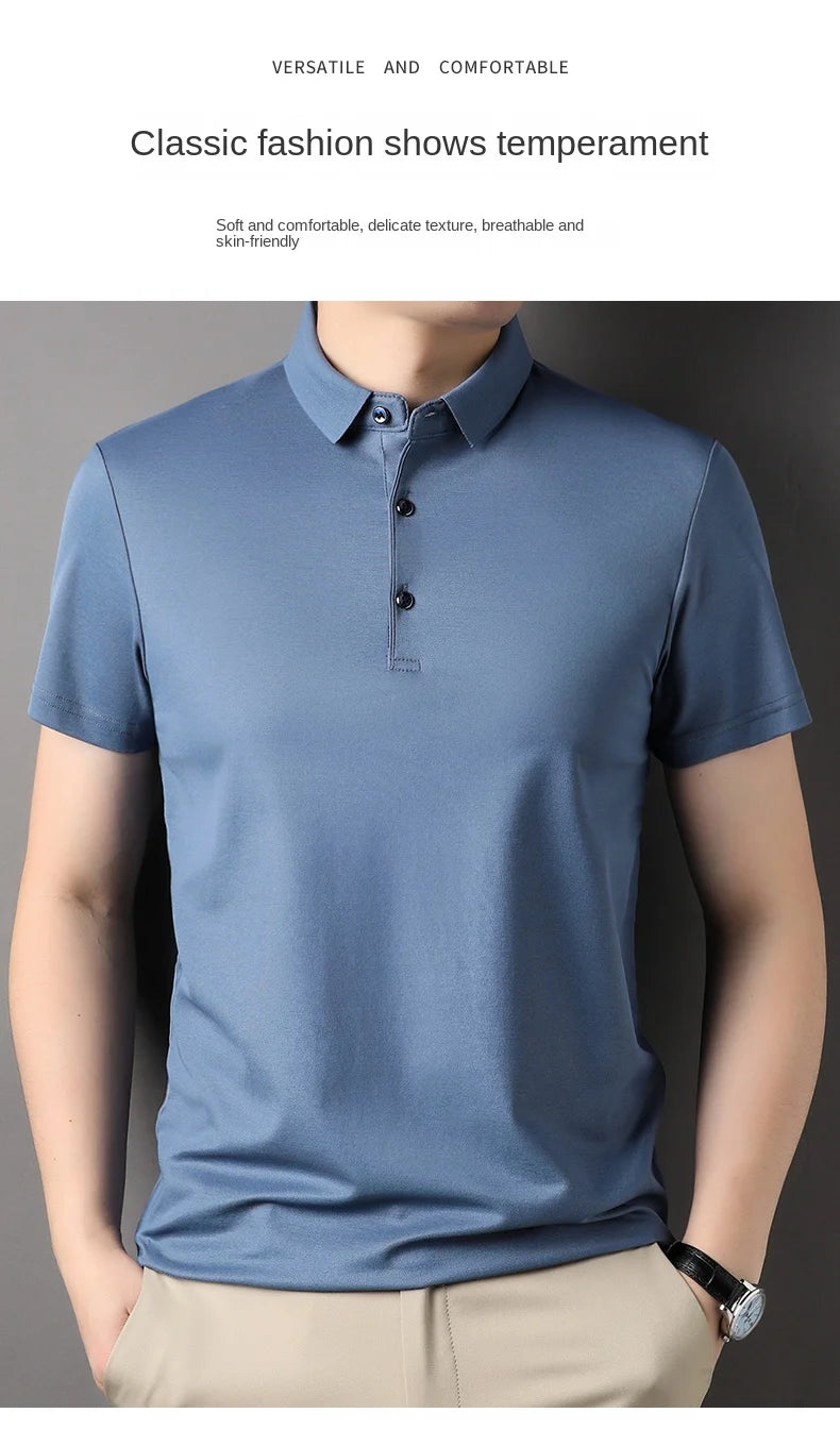 Premium Men's Polo Shirt – Luxury Summer Short Sleeve Casual Top Made with 4.7% Mulberry Silk – Plain Design, Elegant and Stylish 