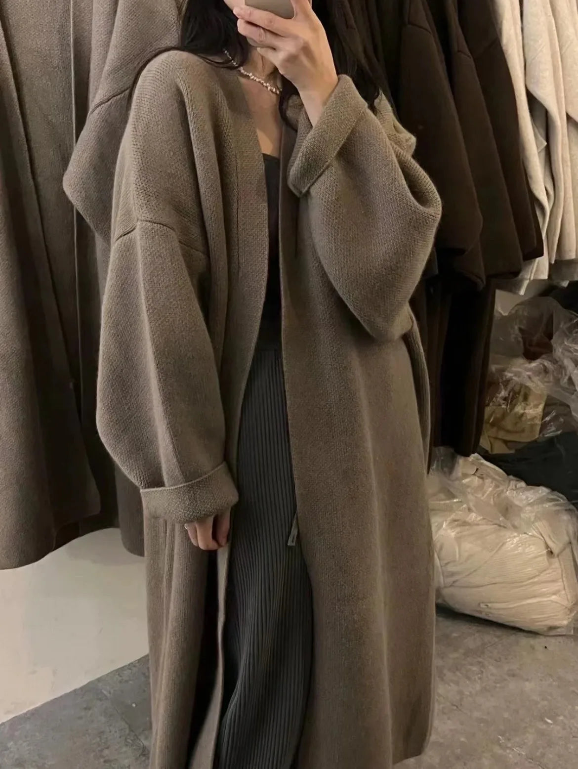 2024 Women's V-Neck Knit Cardigan – Long Sleeve Open Front Sweater, Loose Fit Solid Color Winter Outerwear