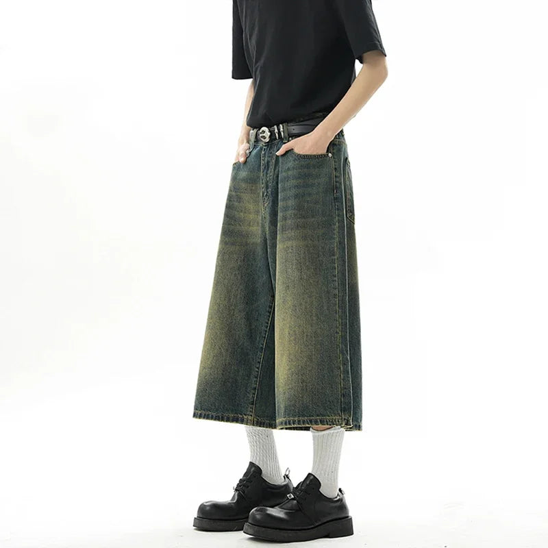 Men's Baggy Denim Shorts – Retro Y2K Casual Wide-Leg Calf-Length Jeans for Summer Streetwear