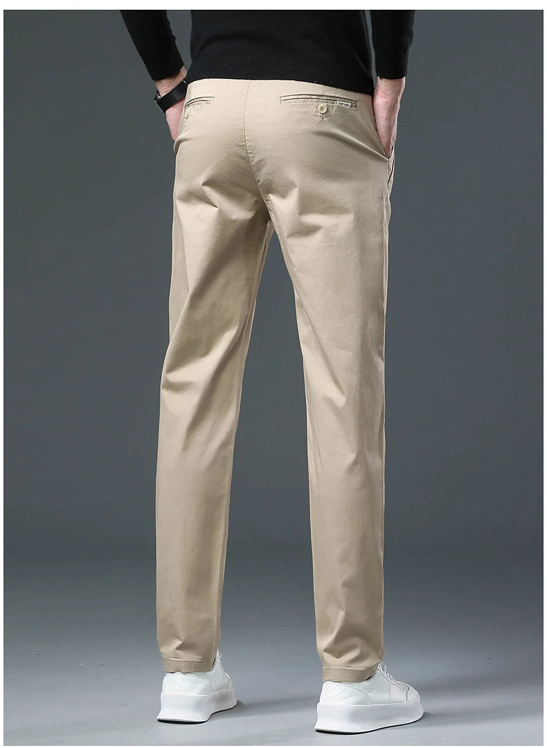 Men’s Classic Straight-Leg Cotton Trousers – 98% Cotton, Breathable Business Casual Pants with Elastic Comfort – Ideal for Spring & Summer