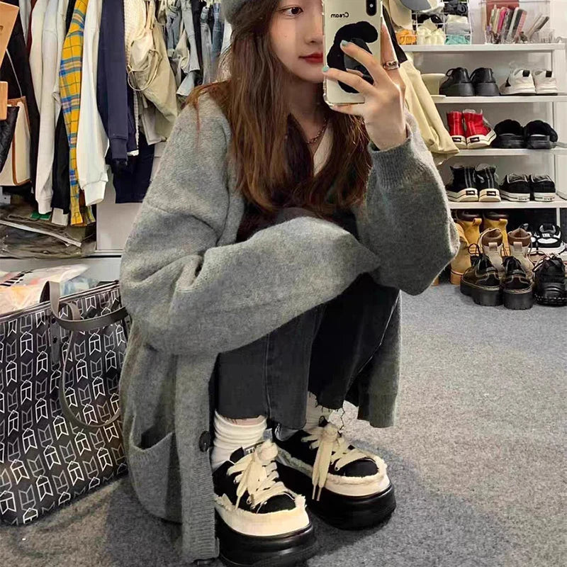 Casual Gray Mid-Length Knit Cardigan for Women with Pockets – Korean Style Open Front Sweater Coat for Autumn