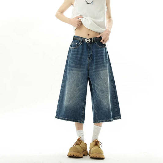 Men's Baggy Denim Shorts – Retro Y2K Casual Wide-Leg Calf-Length Jeans for Summer Streetwear