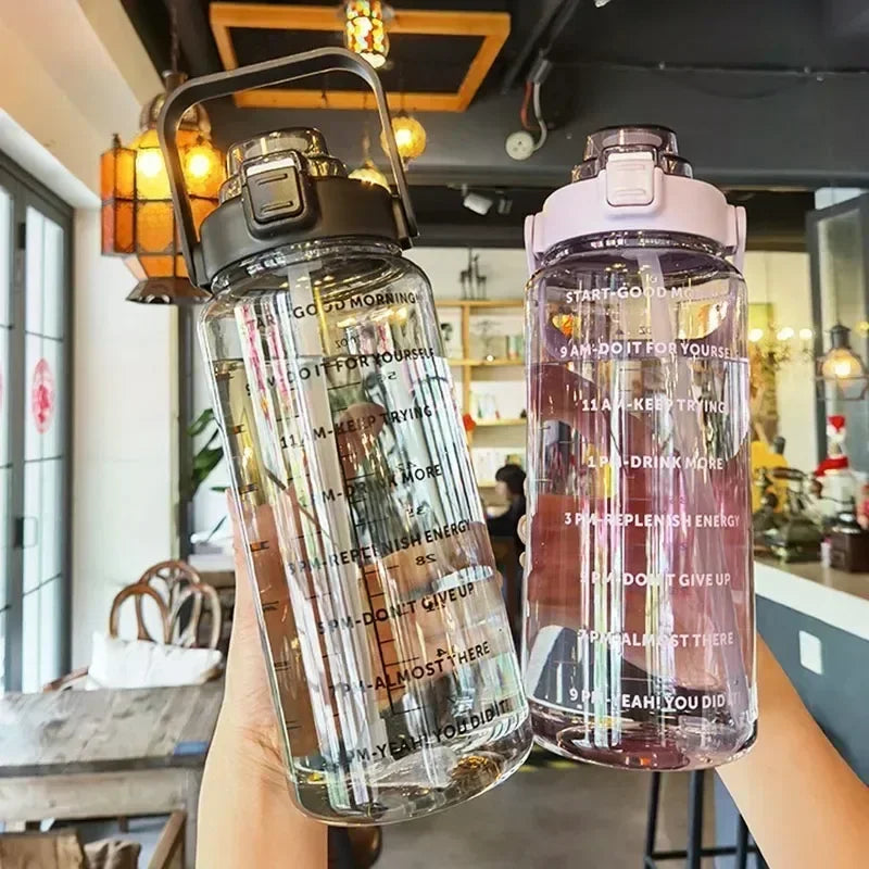 2L Large Capacity Sports Water Bottle with Straw – Time Marker Leakproof Plastic Cup for Fitness & Outdoor Use