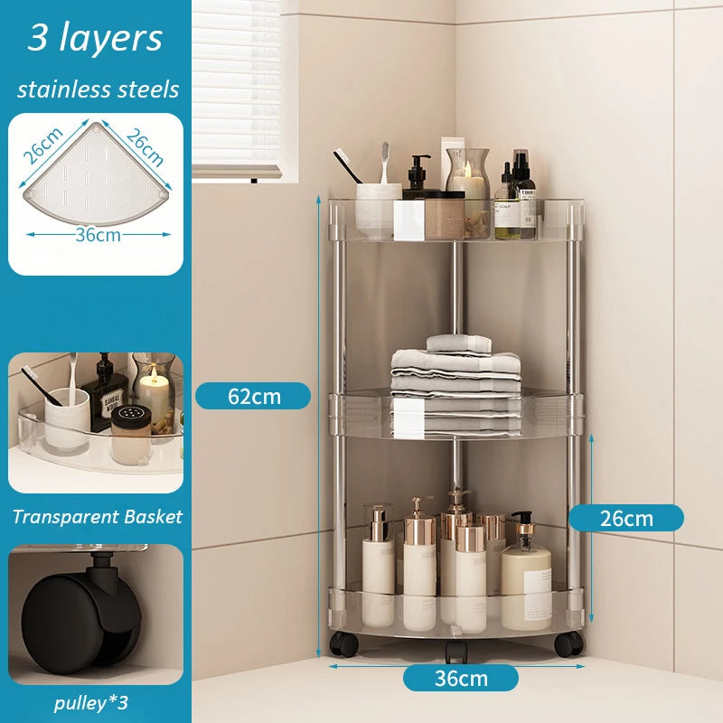 Large Capacity Acrylic Shelf Trolley – Bathroom & Kitchen Corner Storage Cart Organizer for Cosmetics and Home Essentials